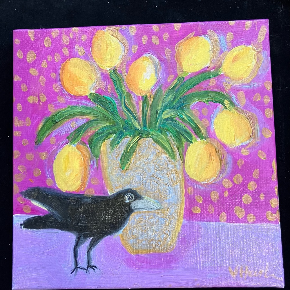 Vibrant Floral Art Canvas with Black Bird Original handmade